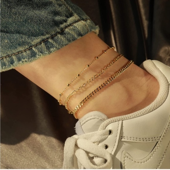 GOLD 14k Gold Plated 3pc Chain Anklets - Picture 1 of 3